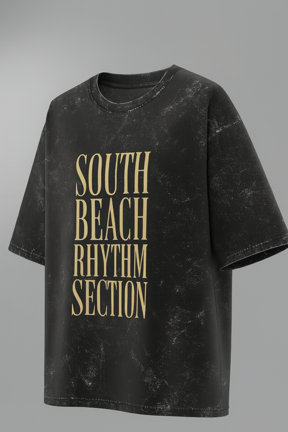 Black t-shirt with 'South Beach Rhythm Section' text on a gray background

